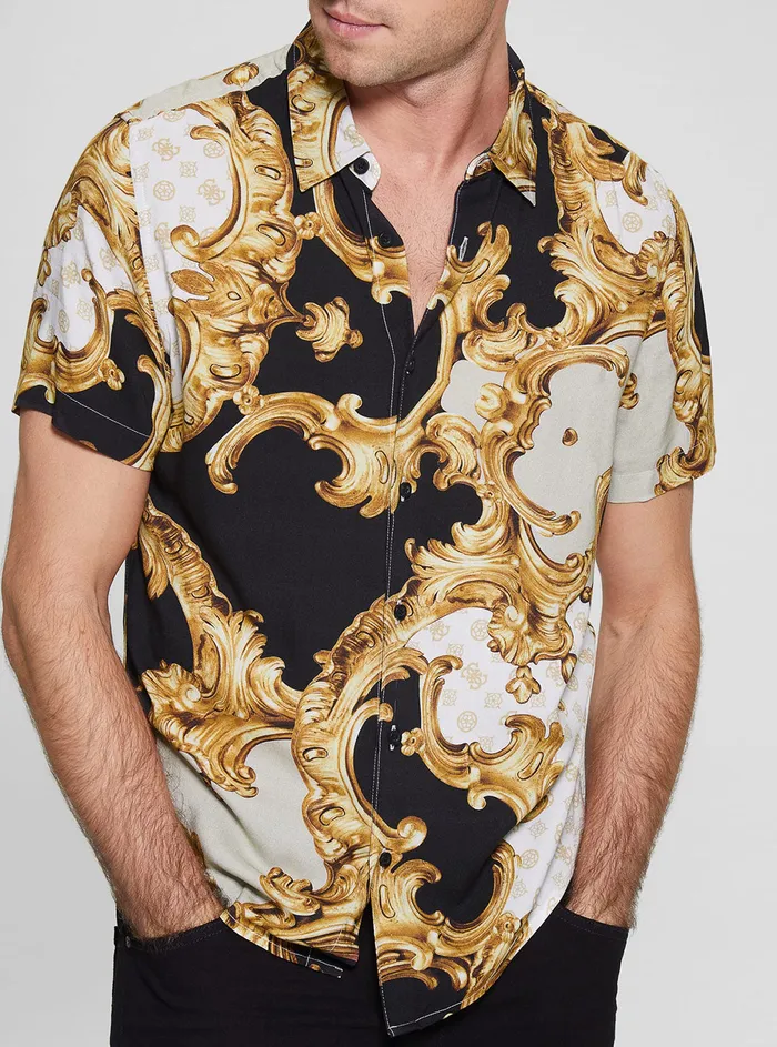 Men Shirts GUESS Eco Gold Peony Print Rayon Shirt Men Shirts GUESS Eco Gold Peony Print Rayon Shirt