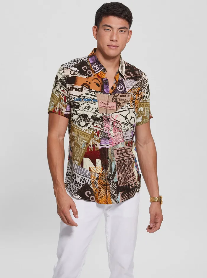 Men Shirts GUESS Eco Newspaper Collage Rayon Shirt