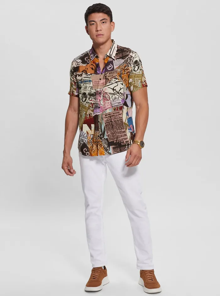 Men Shirts GUESS Eco Newspaper Collage Rayon Shirt
