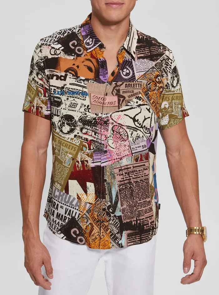 Men Shirts GUESS Eco Newspaper Collage Rayon Shirt