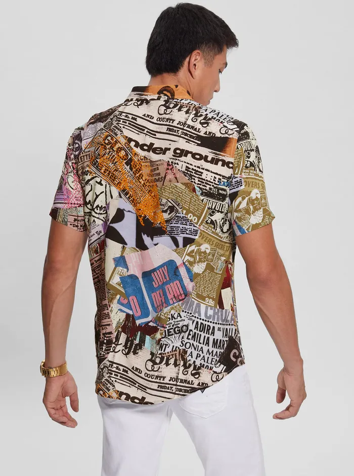Men Shirts GUESS Eco Newspaper Collage Rayon Shirt