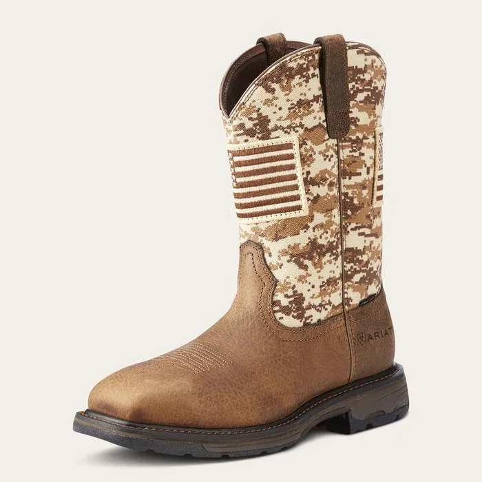 Men Western Boots Ariat WorkHog Patriot Steel Toe Work Boot Earthand Sand Camo