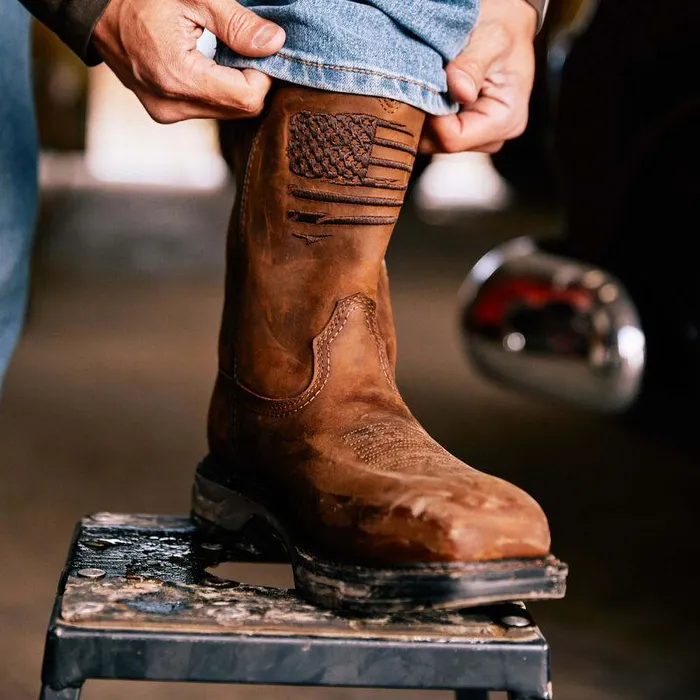 Men Western Boots Ariat WorkHog XT Patriot Waterproof Carbon Toe Work Boot Distressed Brown