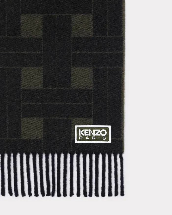 MenWomen 039KENZO Weave039 Reversible Wool Scarf Dark Khaki Kenzo Scarves