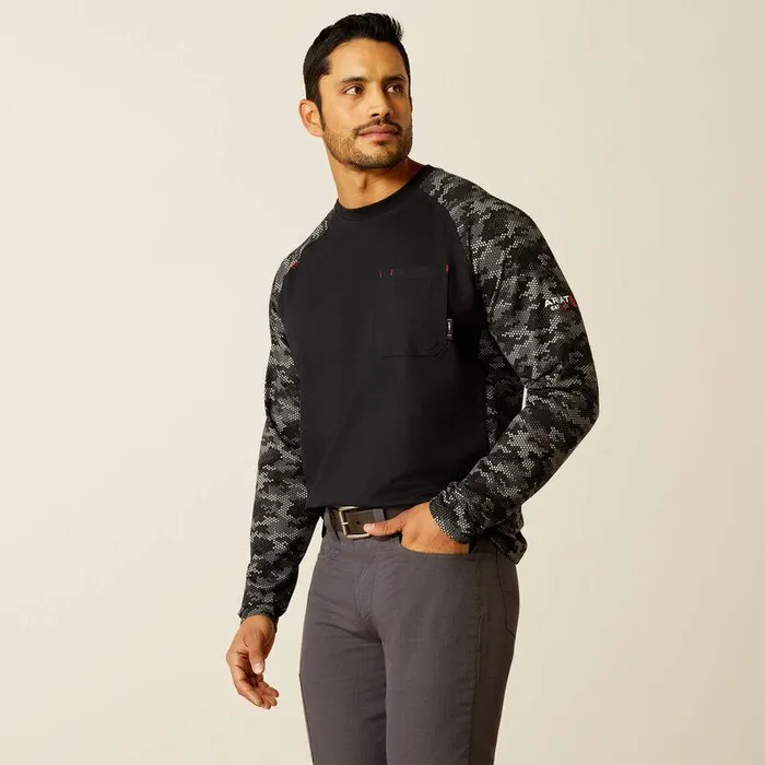 Men Workwear Ariat FR AC Stretch Camo Baseball TShirt Blackgrey Camo