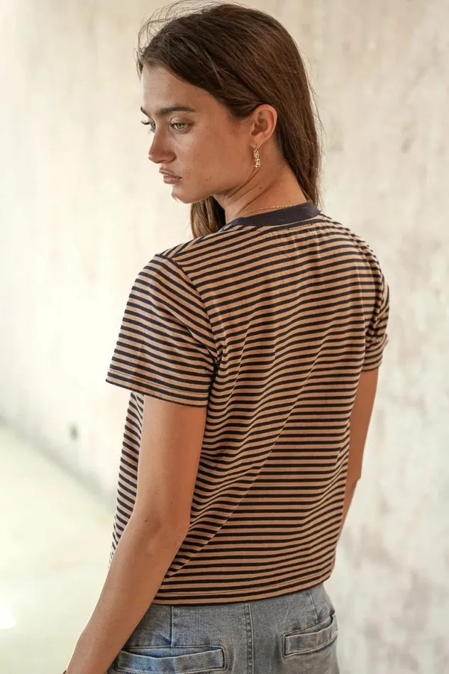 Mia Top In Navy And Brown Navy Women Bohme Tees and Tanks