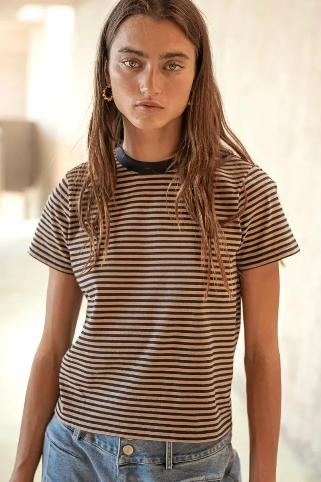 Mia Top In Navy And Brown Navy Women Bohme Tees and Tanks