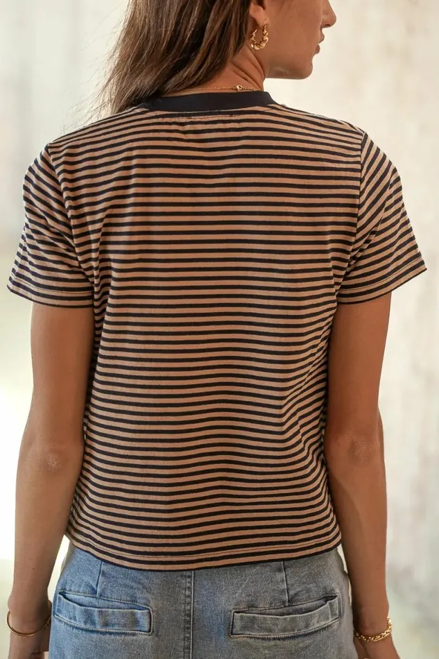Mia Top In Navy And Brown Navy Women Bohme Tees and Tanks