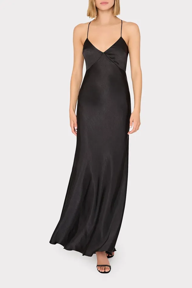 Milly Addie Hammered Satin Maxi Dress Black Women Dresses