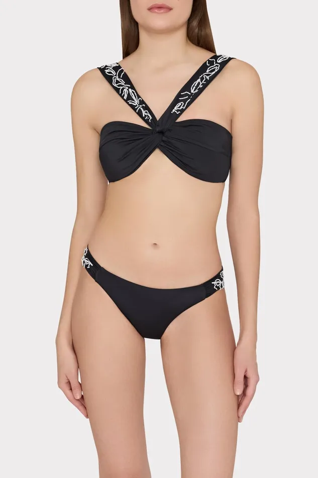 Milly Beaded Applique Shoulder Draped Bikini Top Black Women Swim and Coverups Milly Beaded Applique Shoulder Draped Bikini Top Black Women Swim and Coverups