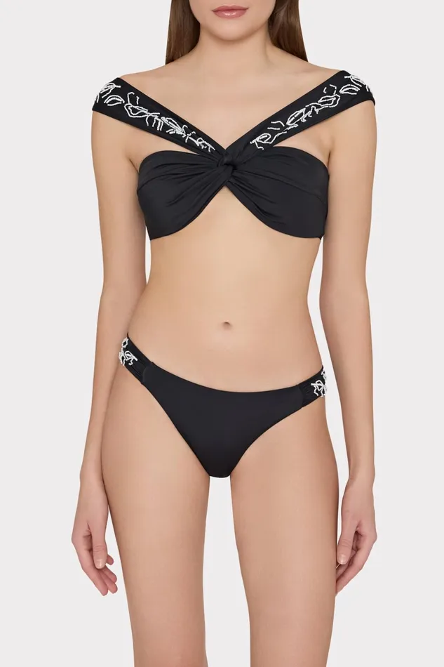 Milly Beaded Applique Shoulder Draped Bikini Top Black Women Swim and Coverups Milly Beaded Applique Shoulder Draped Bikini Top Black Women Swim and Coverups