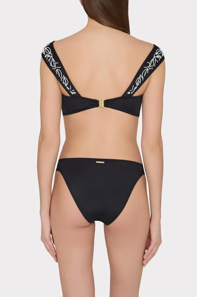 Milly Beaded Applique Shoulder Draped Bikini Top Black Women Swim and Coverups Milly Beaded Applique Shoulder Draped Bikini Top Black Women Swim and Coverups