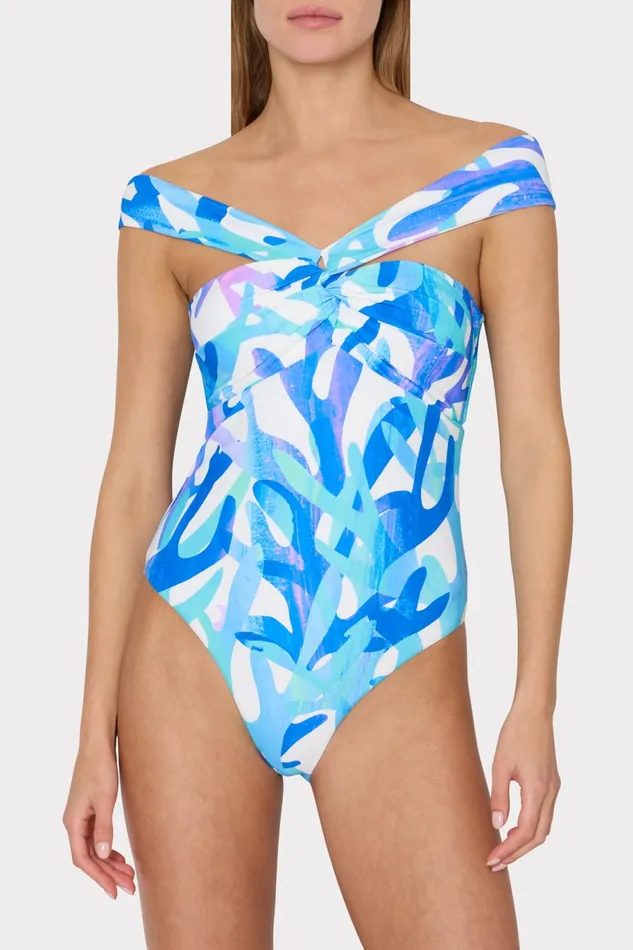 Milly Betsy Italian Under The Sea Bandeau One Piece Blue Multi Women One Piece Swimsuits