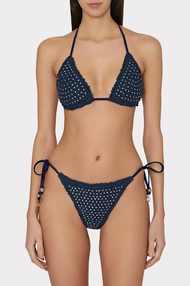 Milly Glimmer String Bikini Bottom With Crystal Applique Navy Women Bikinis