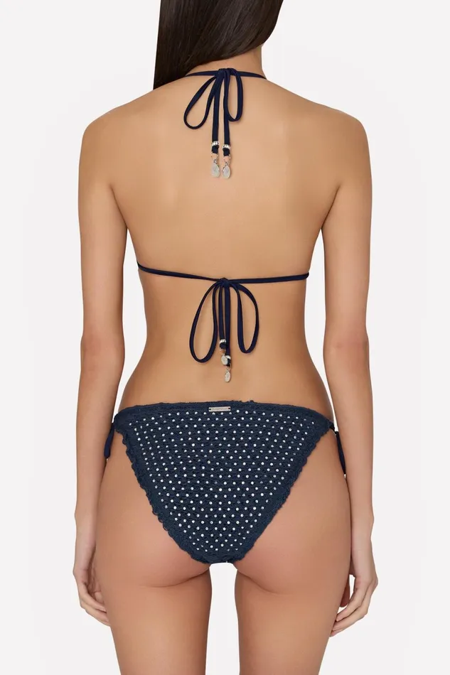Milly Glimmer String Bikini Bottom With Crystal Applique Navy Women Bikinis