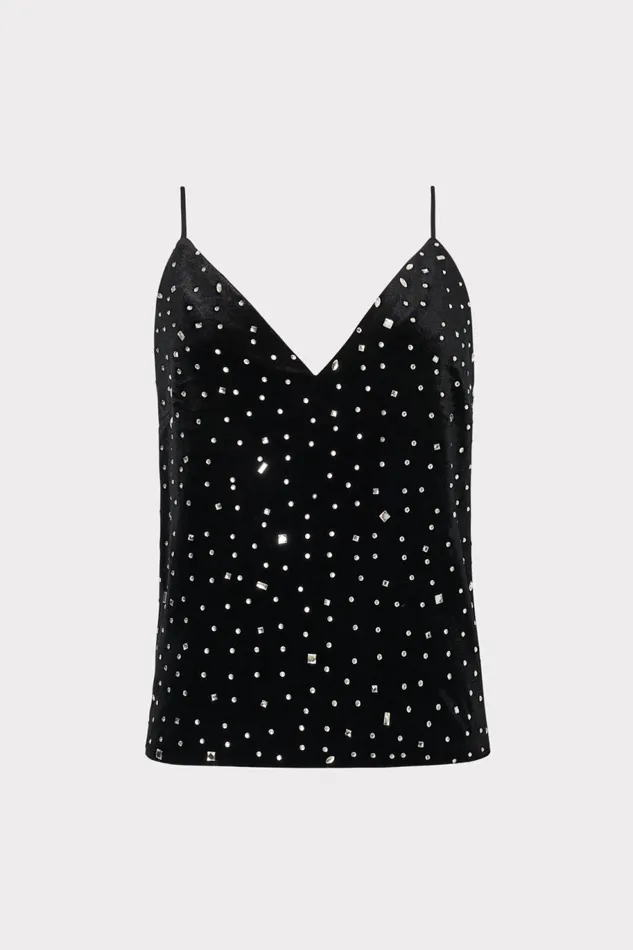Milly Izzy Velvet Crystal Embellished Cami Blacksilver Women Tops