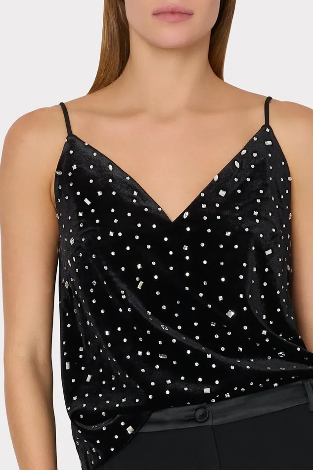 Milly Izzy Velvet Crystal Embellished Cami Blacksilver Women Tops