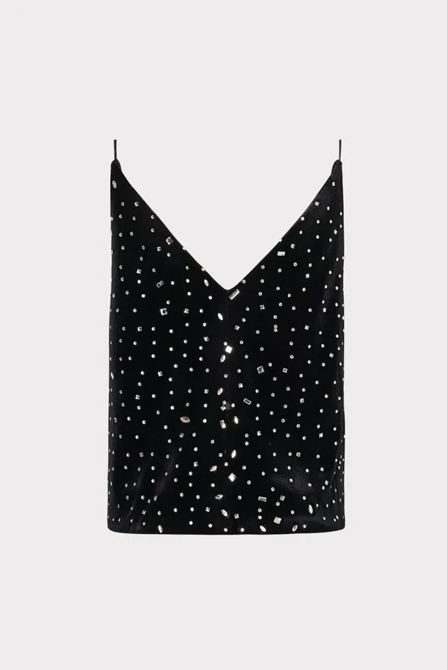 Milly Izzy Velvet Crystal Embellished Cami Blacksilver Women Tops