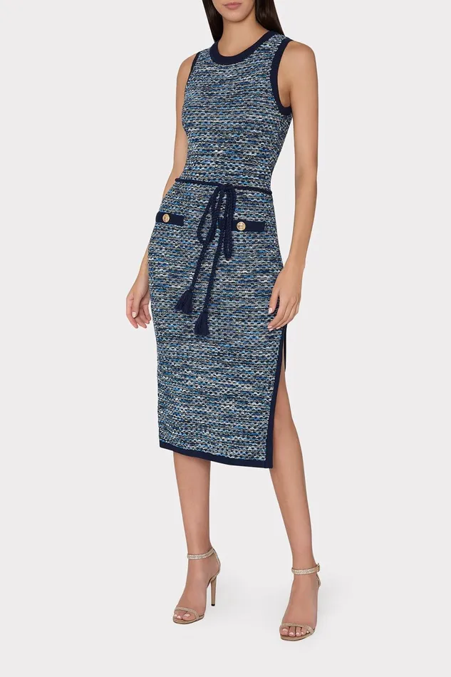 Milly Kim Textured Knit Midi Dress Navy Multi Women Dresses