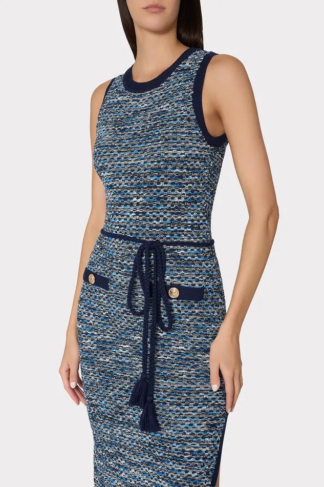 Milly Kim Textured Knit Midi Dress Navy Multi Women Dresses