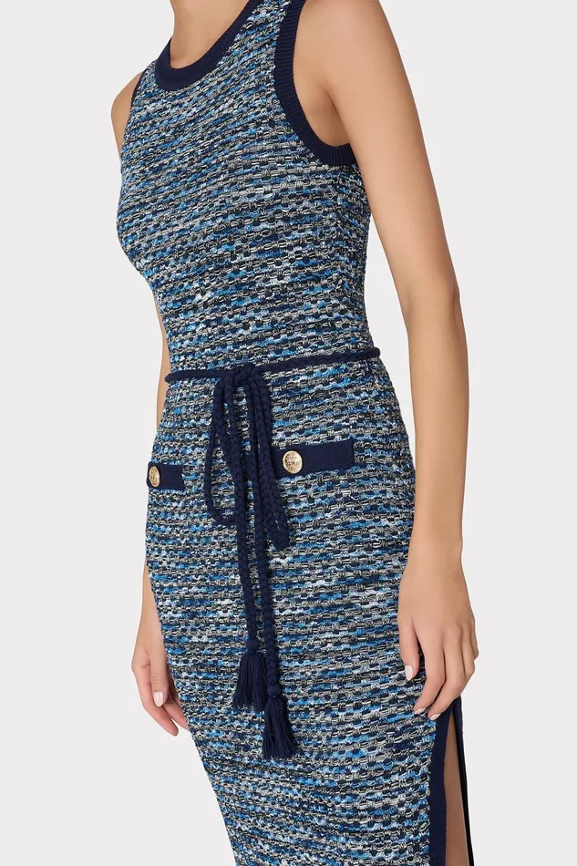 Milly Kim Textured Knit Midi Dress Navy Multi Women Dresses