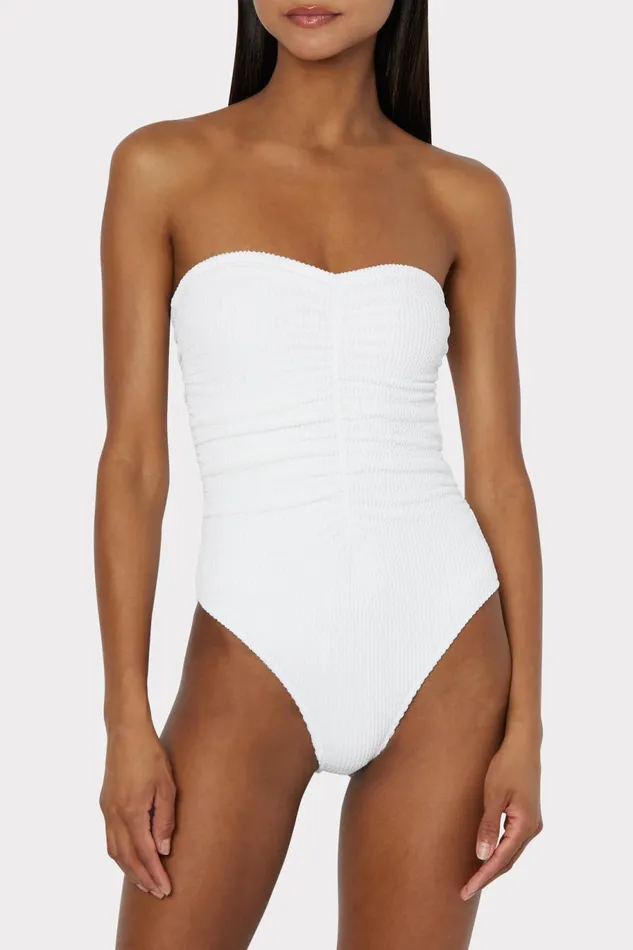 Milly Textured Ruched One Piece White Women Swim and Coverups