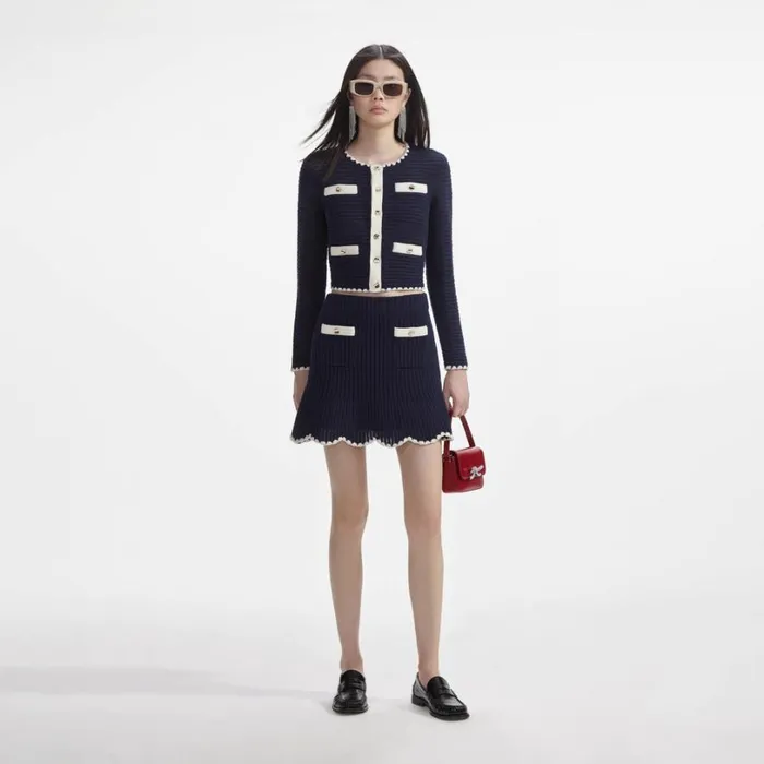Navy Crochet Contrast Trim Mini Skirt Women Self Portrait Knitwear