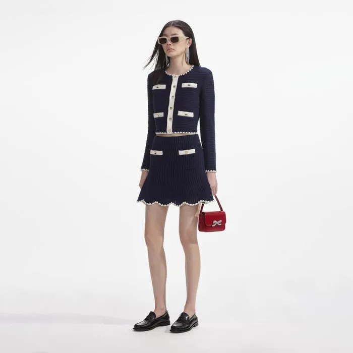 Navy Crochet Contrast Trim Mini Skirt Women Self Portrait Knitwear Navy Crochet Contrast Trim Mini Skirt Women Self Portrait Knitwear