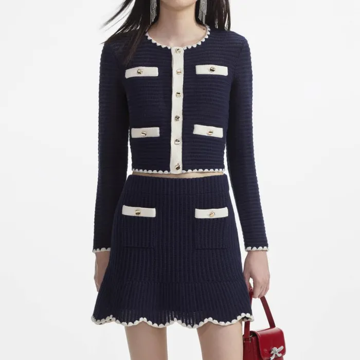 Navy Crochet Contrast Trim Mini Skirt Women Self Portrait Knitwear Navy Crochet Contrast Trim Mini Skirt Women Self Portrait Knitwear