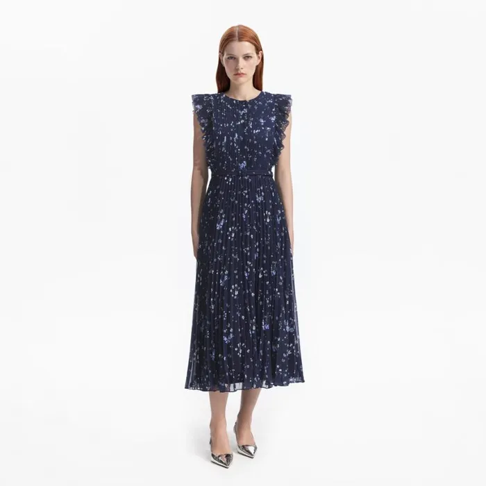Navy Floral Chiffon Midi Dress Women Self Portrait Dresses