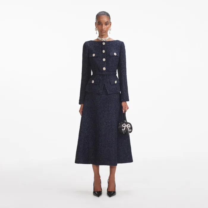 Navy Metallic Boucle Midi Dress Women Self Portrait Wedding Guest