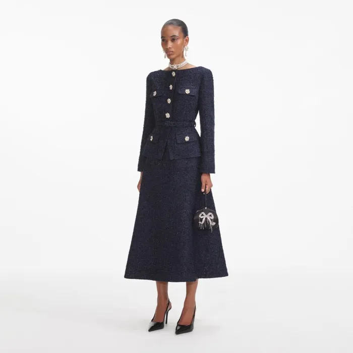 Navy Metallic Boucle Midi Dress Women Self Portrait Wedding Guest Navy Metallic Boucle Midi Dress Women Self Portrait Wedding Guest