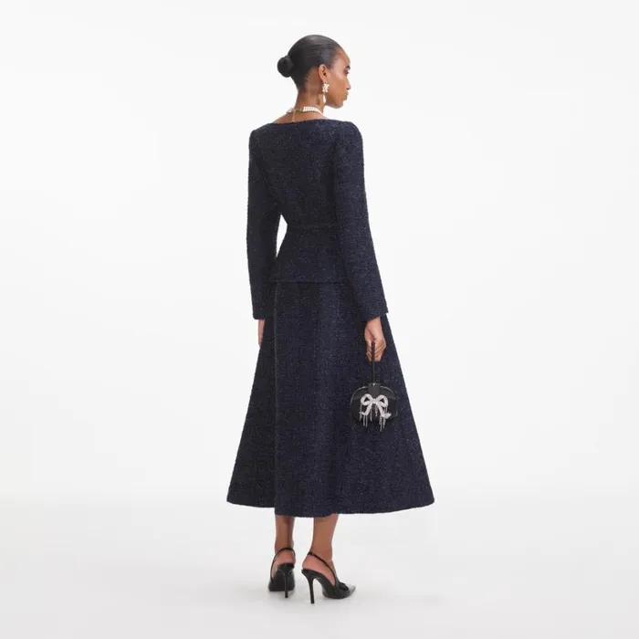 Navy Metallic Boucle Midi Dress Women Self Portrait Wedding Guest Navy Metallic Boucle Midi Dress Women Self Portrait Wedding Guest
