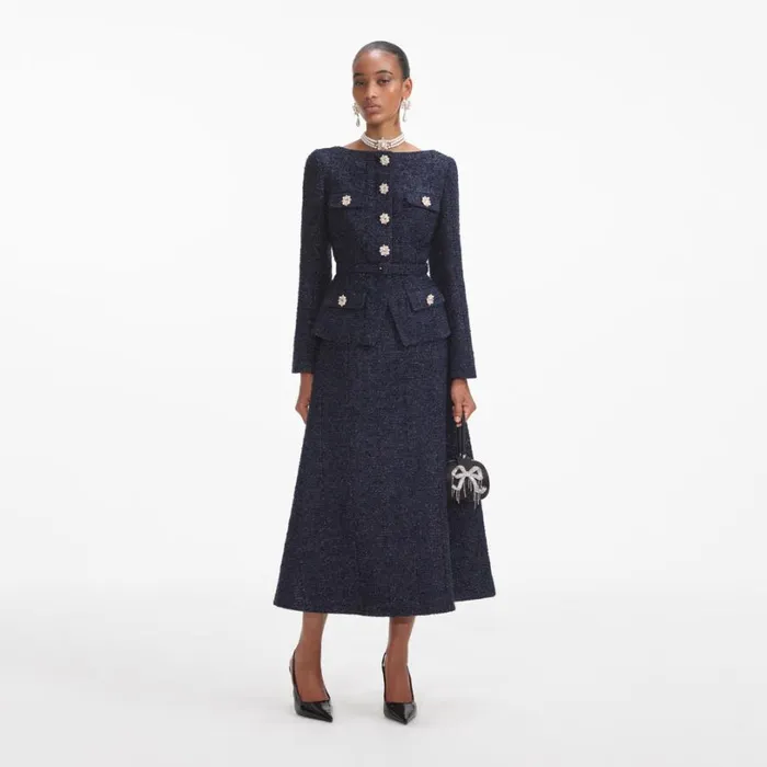 Navy Metallic Boucle Midi Dress Women Self Portrait Wedding Guest Navy Metallic Boucle Midi Dress Women Self Portrait Wedding Guest