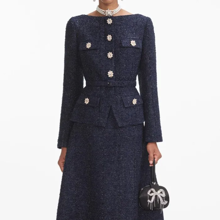 Navy Metallic Boucle Midi Dress Women Self Portrait Wedding Guest Navy Metallic Boucle Midi Dress Women Self Portrait Wedding Guest