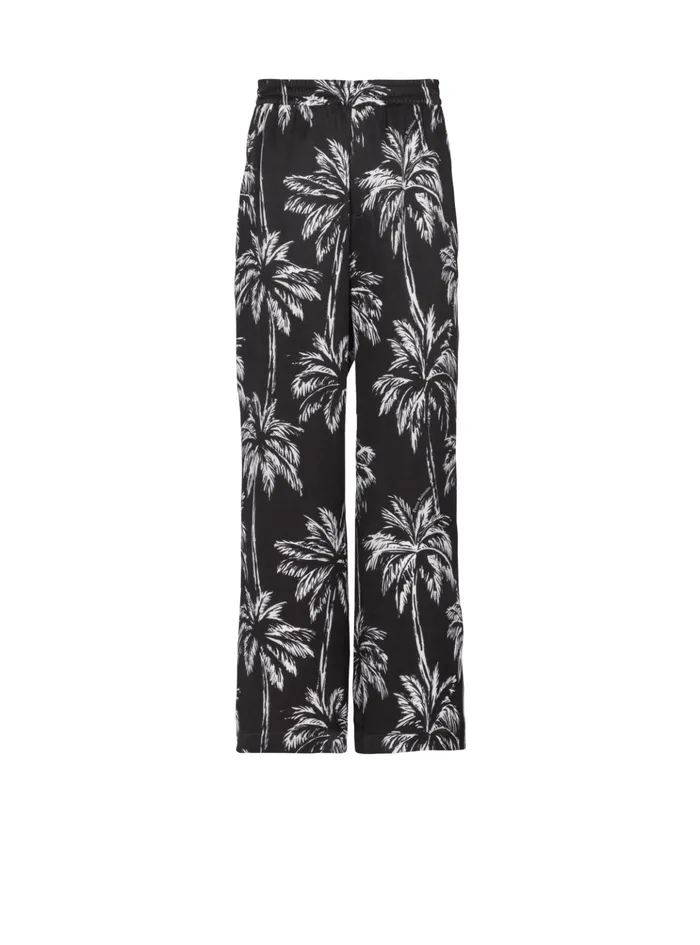 Palm Print Satin Pyjama Trousers Black Men Balmain Trousers And Shorts