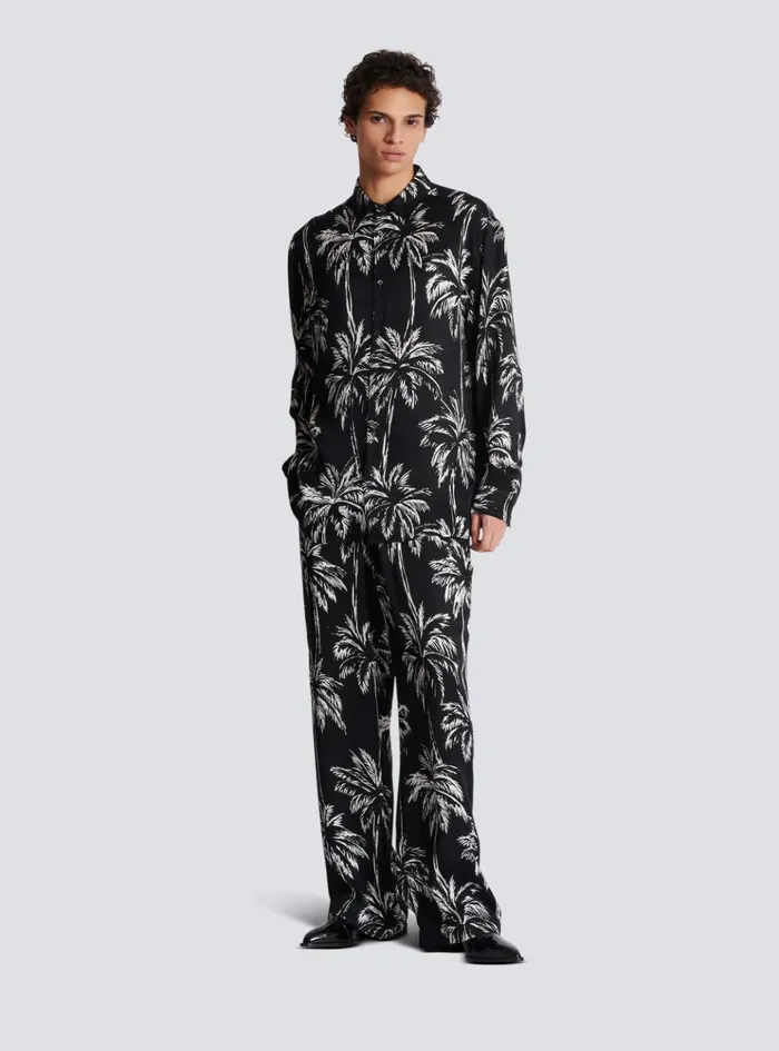 Palm Print Satin Pyjama Trousers Black Men Balmain Trousers And Shorts