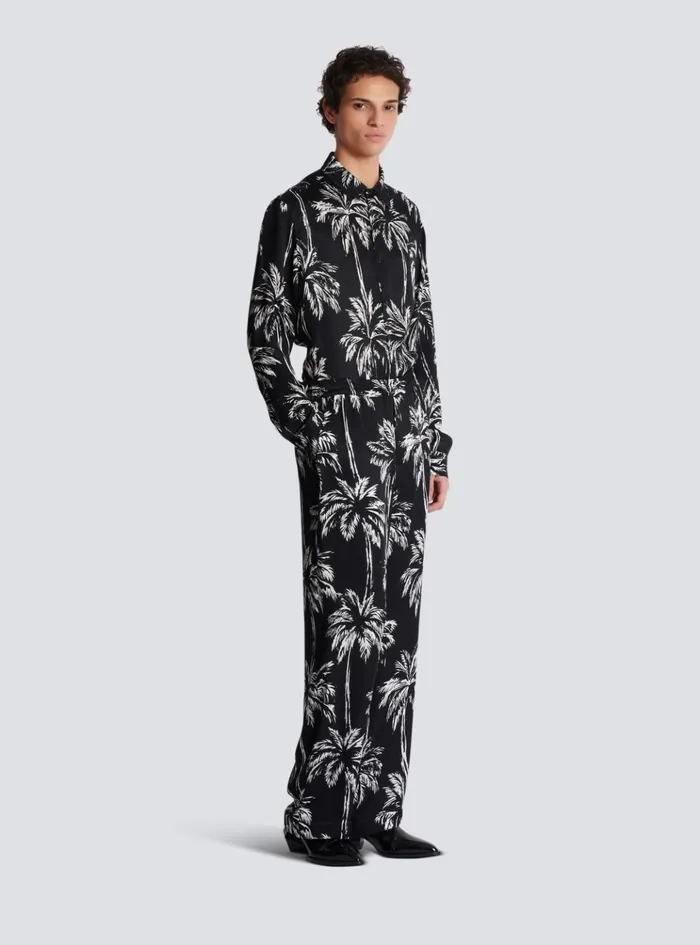 Palm Print Satin Pyjama Trousers Black Men Balmain Trousers And Shorts