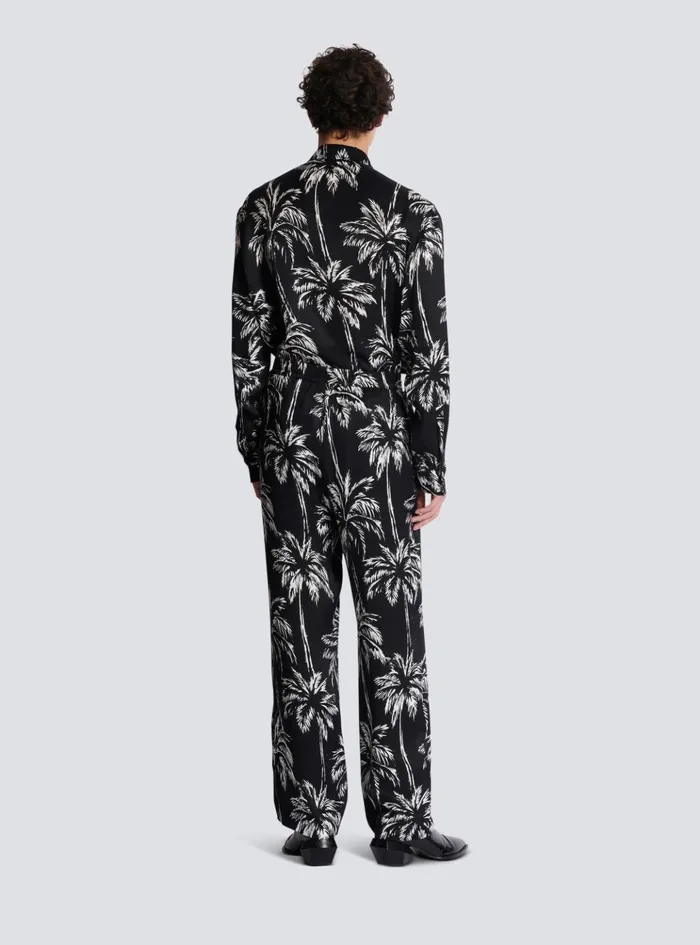 Palm Print Satin Pyjama Trousers Black Men Balmain Trousers And Shorts