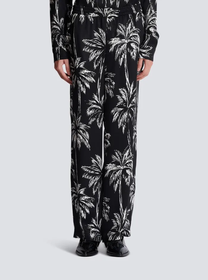 Palm Print Satin Pyjama Trousers Black Men Balmain Trousers And Shorts