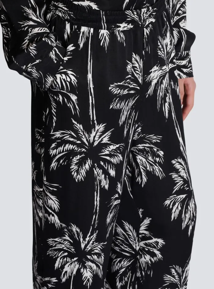 Palm Print Satin Pyjama Trousers Black Men Balmain Trousers And Shorts
