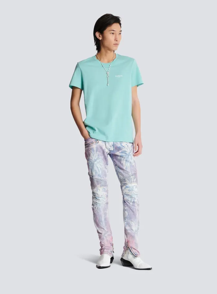 Paris Flocked Shortsleeved Tshirt Blue Men Balmain TShirts