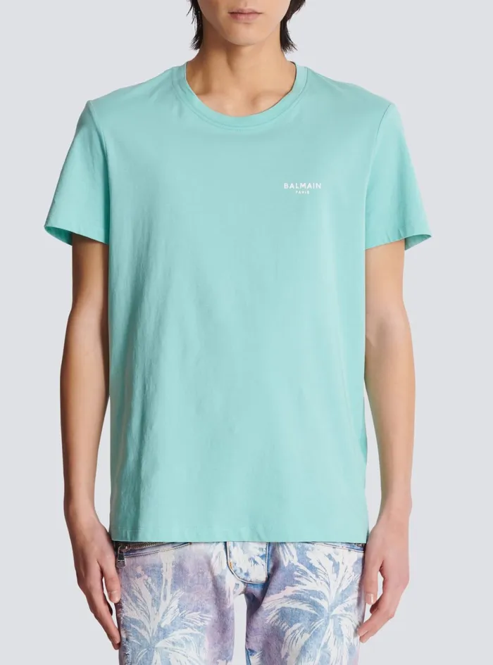 Paris Flocked Shortsleeved Tshirt Blue Men Balmain TShirts