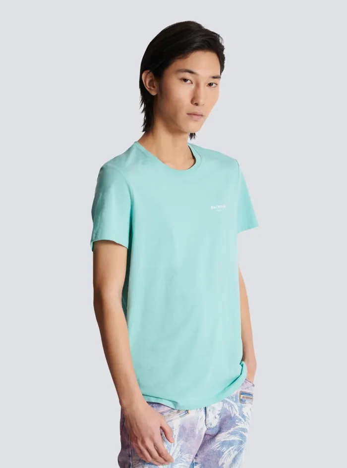 Paris Flocked Shortsleeved Tshirt Blue Men Balmain TShirts