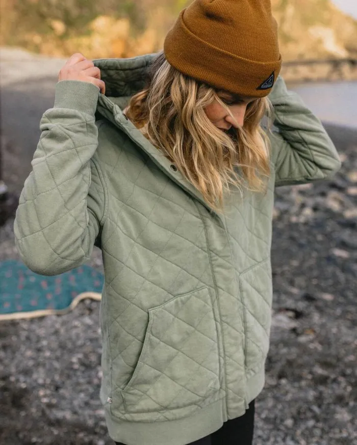 Passenger Clothing Clementine Recycled Quilted Popper Up Hoodie Pistachio Women Activewear