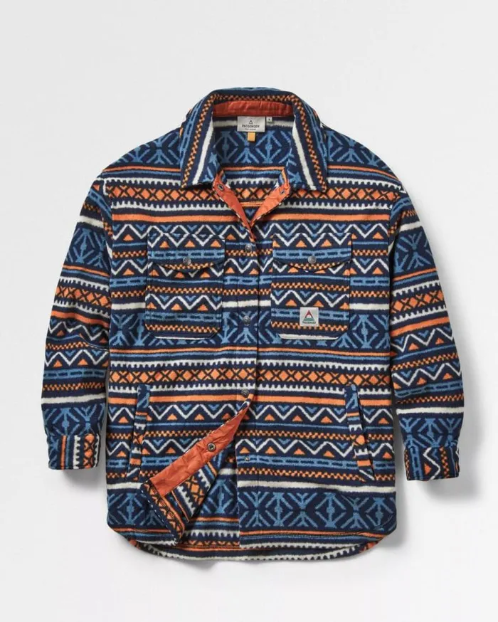 Passenger Clothing East Recycled Polar Fleece Shirt Homespun Stripe Navy Women Shirts