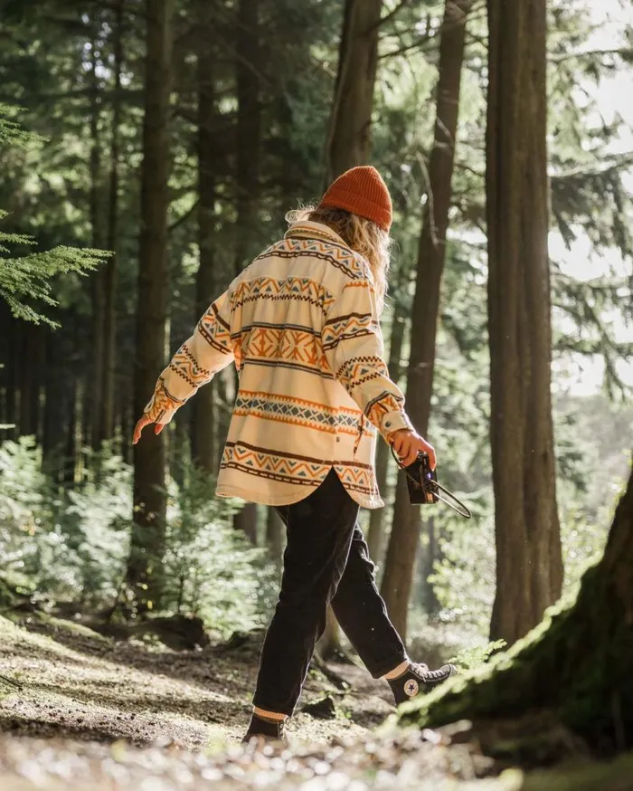 Passenger Clothing East Recycled Polar Fleece Shirt Homespun Stripe Sunrise Orange Women Shirts