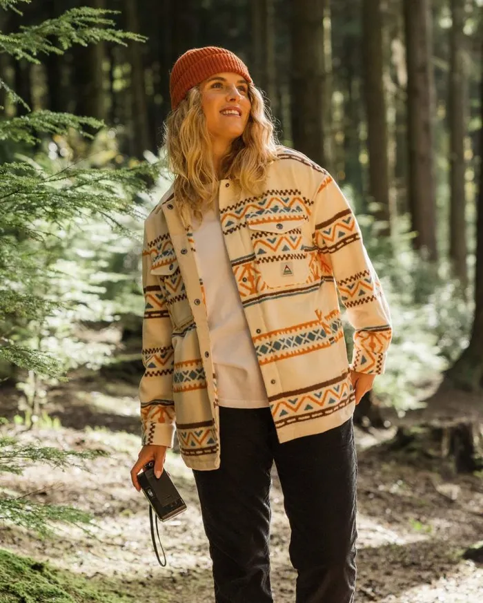 Passenger Clothing East Recycled Polar Fleece Shirt Homespun Stripe Sunrise Orange Women Shirts