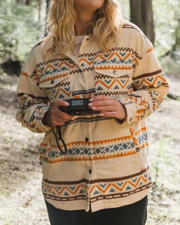 Passenger Clothing East Recycled Polar Fleece Shirt Homespun Stripe Sunrise Orange Women Shirts