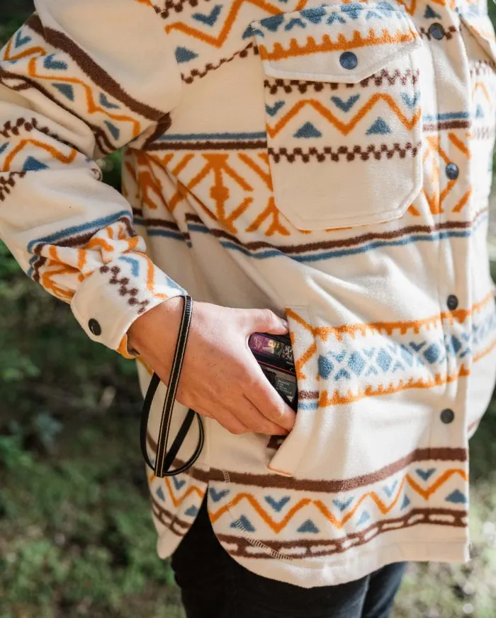 Passenger Clothing East Recycled Polar Fleece Shirt Homespun Stripe Sunrise Orange Women Shirts